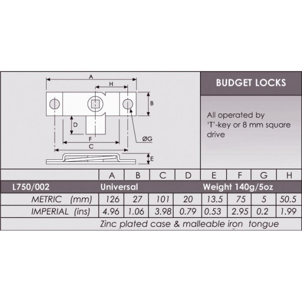 Universal Key Lock Busget Rim Budget Lock L750 / 0750 (Universal) - Heavy Duty - 126mm